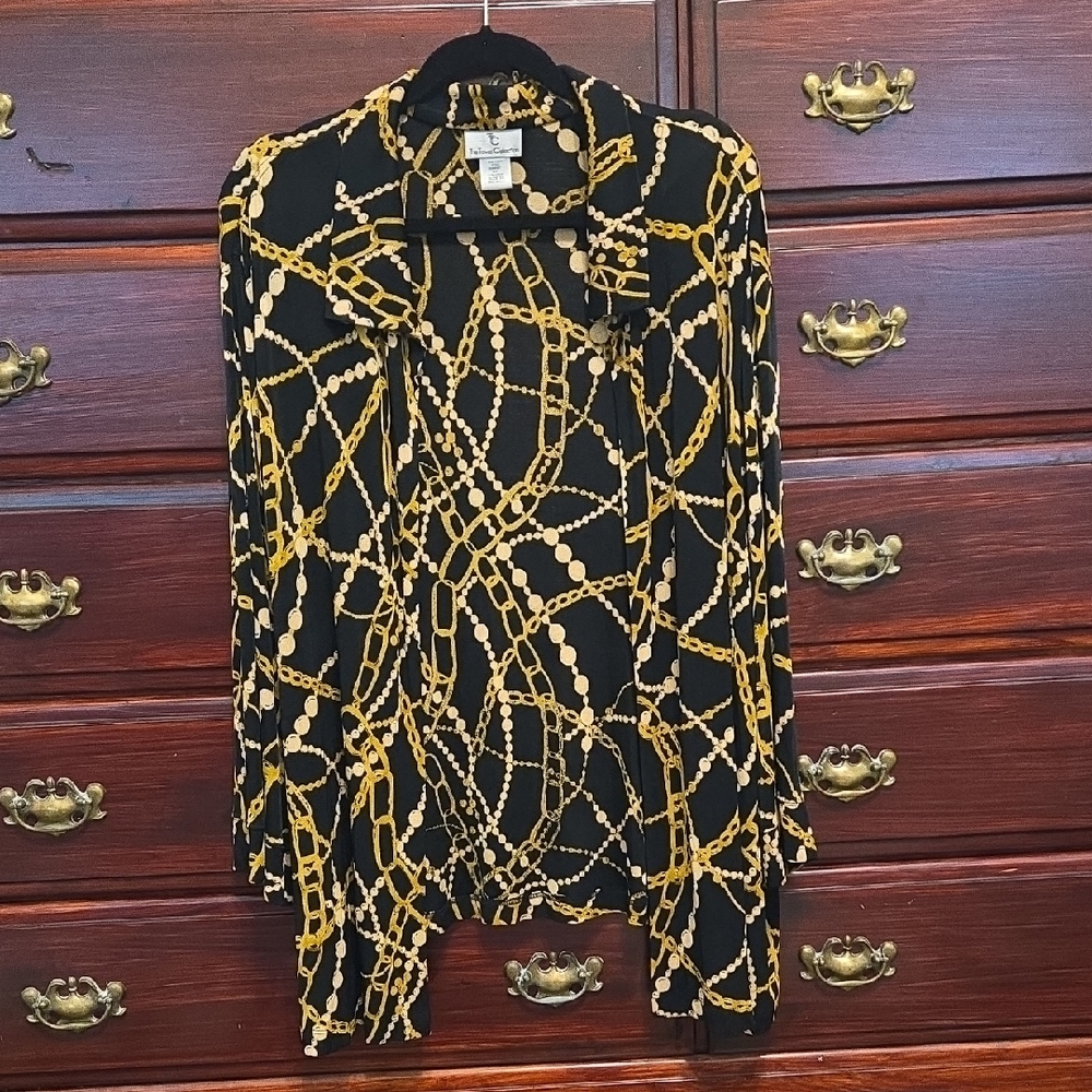 The Travel Collection Black and Gold Chain Print Open Front Top/Jacket